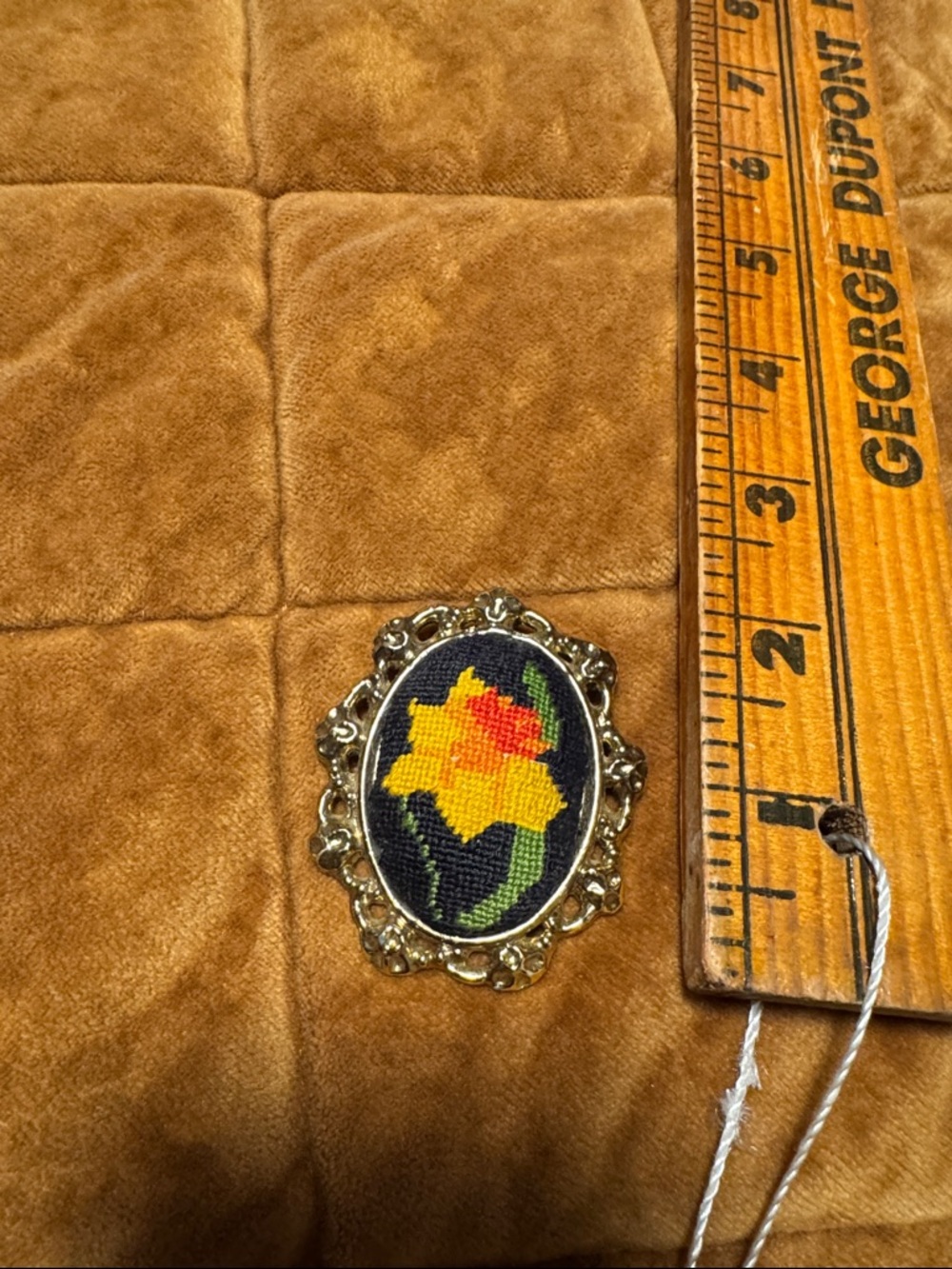Vintage-style Yellow Floral Cross-Stitch Brooch